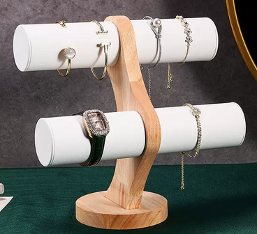 Jewellery Stand Display T- shape Wooden Bracelet Holder White and Wood, double tier